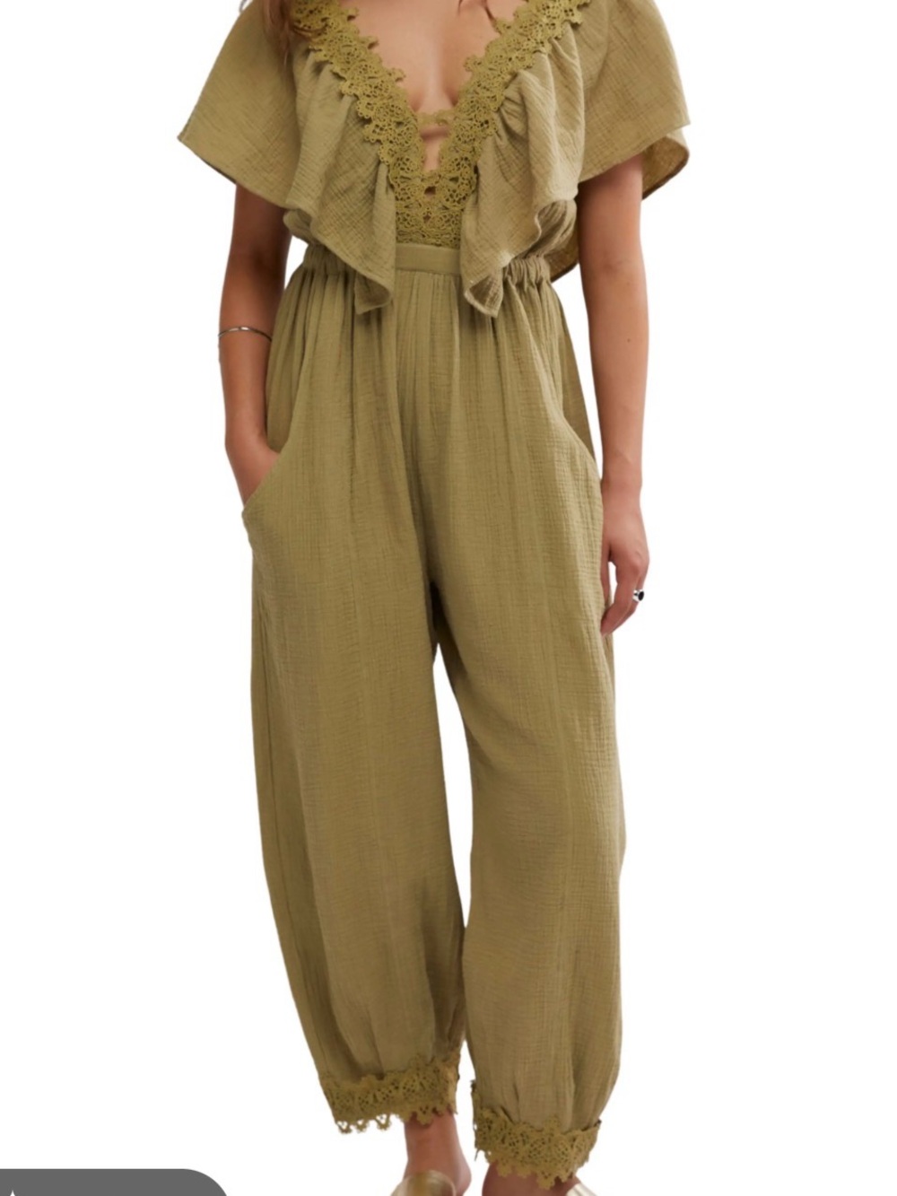 Free People Olive Green Crochet-Trim Wide Leg Jumpsuit